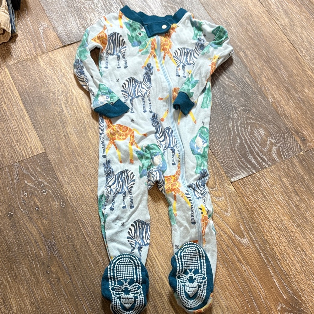 Burt’s Bees Animal Print Footed One-Piece Pajamas with Teal Trim